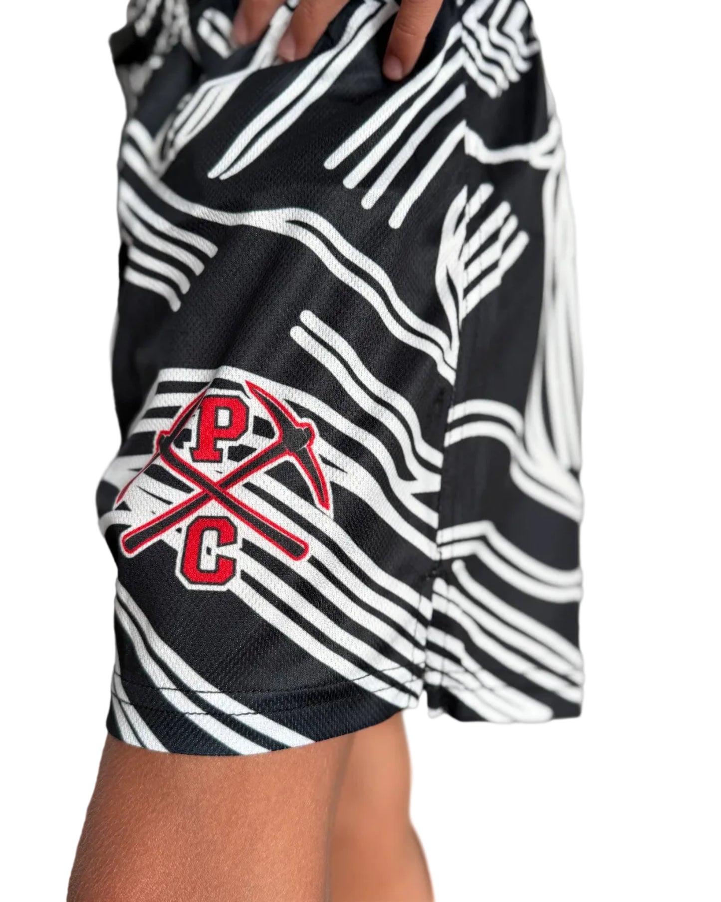 Black White Squiggle Mesh Shorts, Park City Miners
