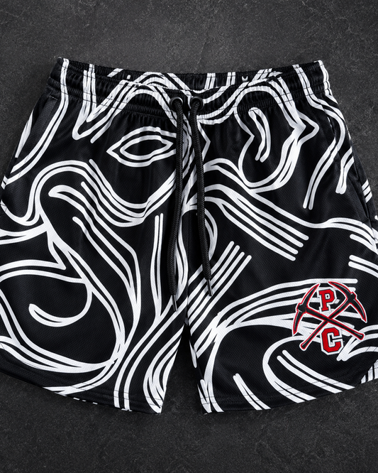 Black White Squiggle Mesh Shorts, Park City Miners