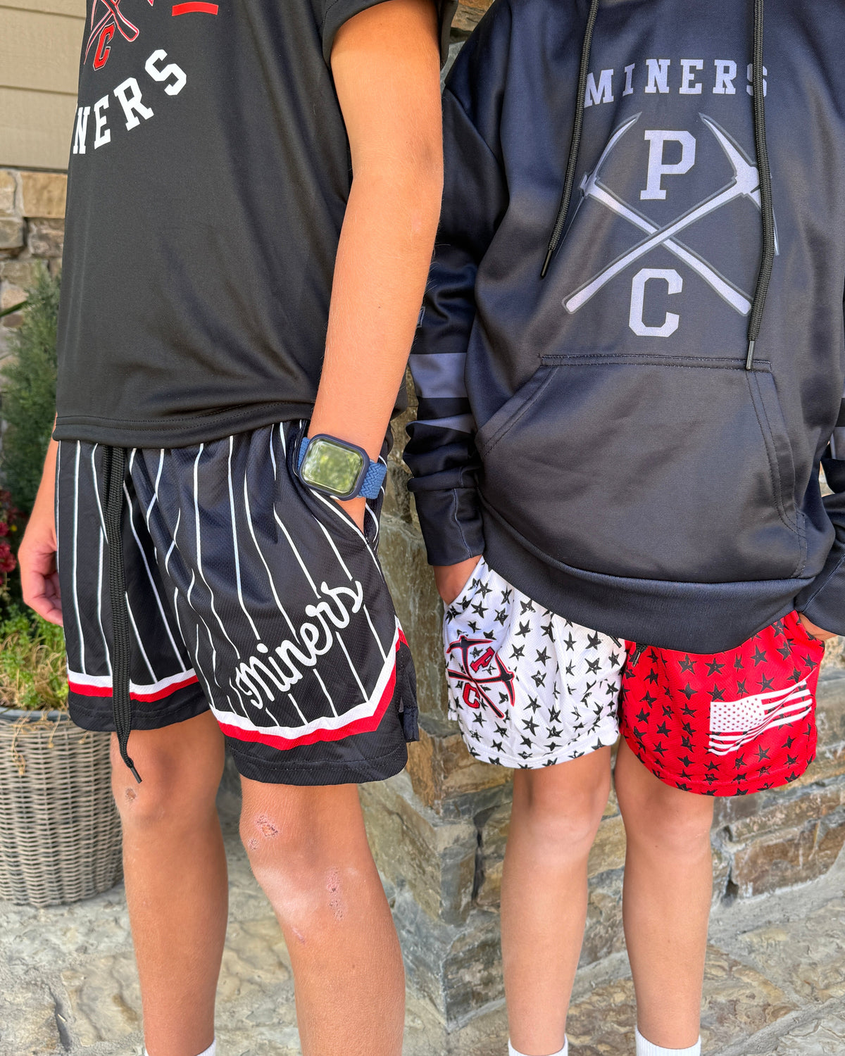 Black and White Pinstripe Miners Shorts, Mesh with Pockets
