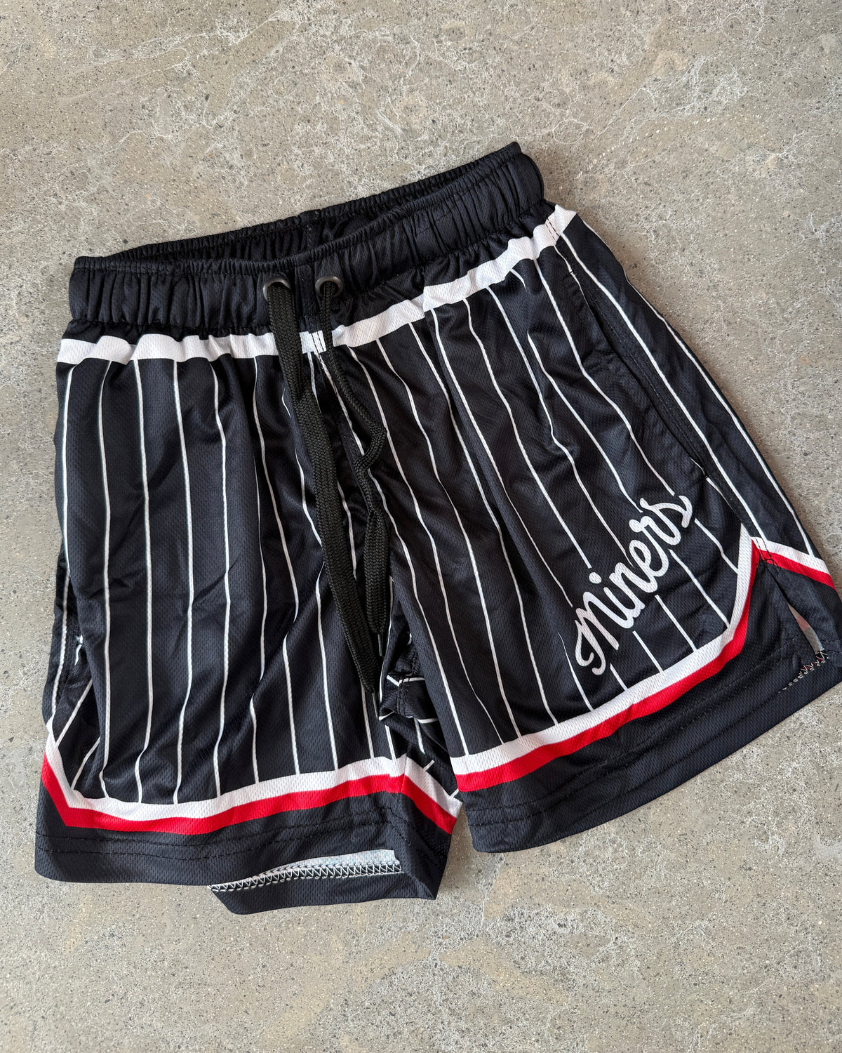 Black and White Pinstripe Miners Shorts, Mesh with Pockets