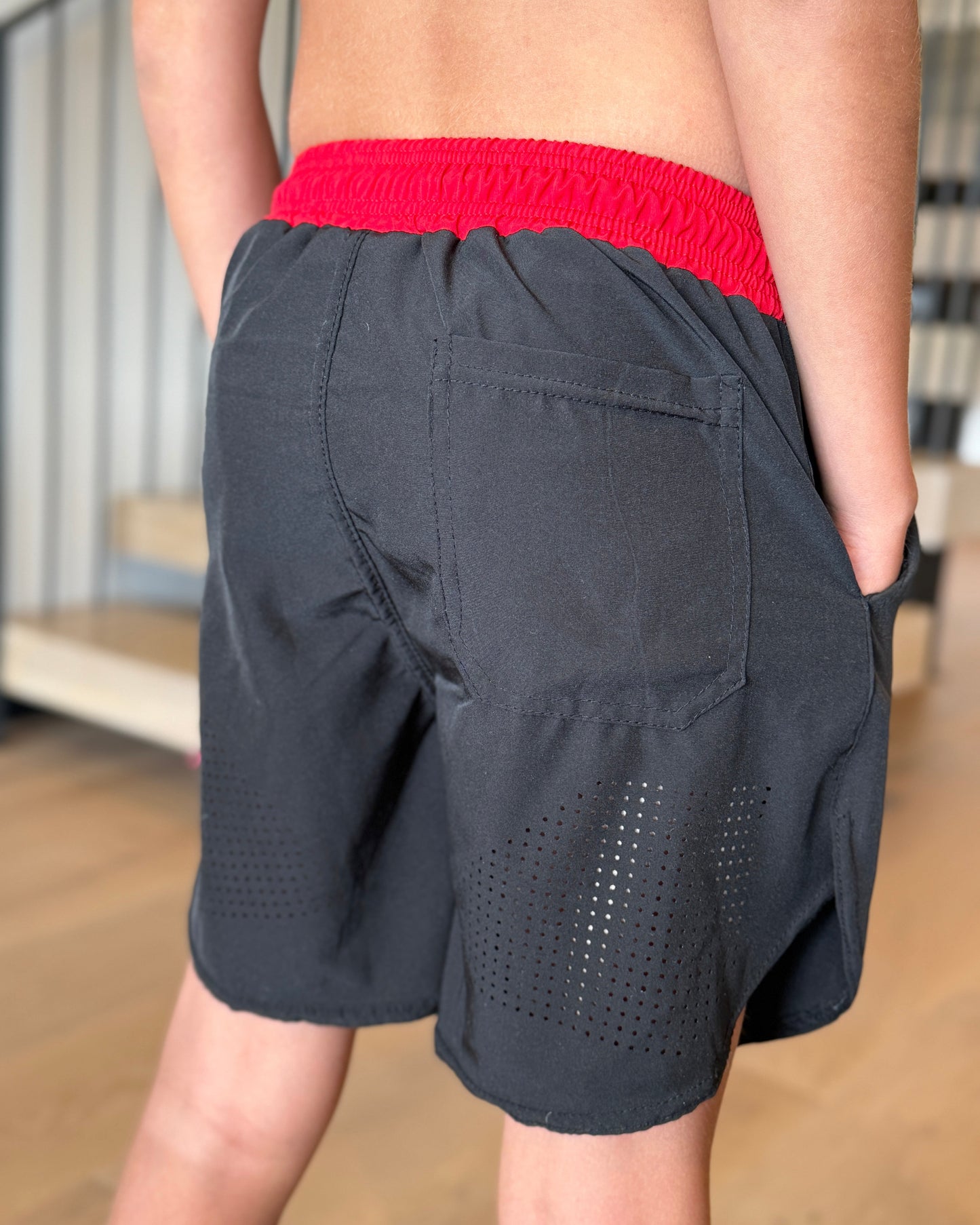 Black and Red Laser-Drilled Shorts, SALE